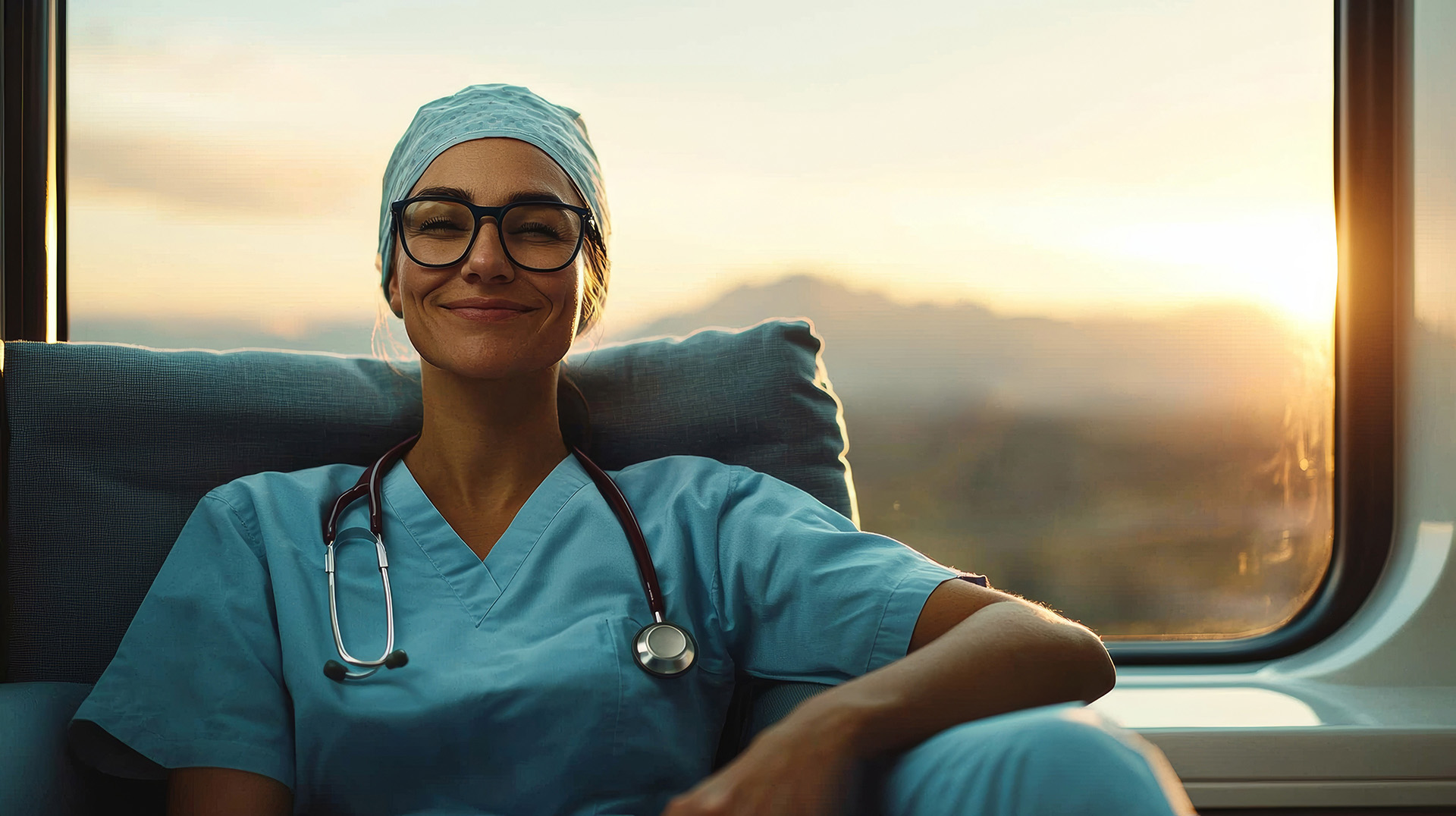 Travel Nurse Reviewing Medical Records on Train with Scenic View